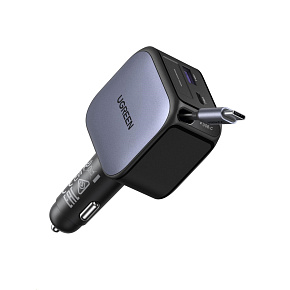 UGREEN rychlonabíječka do auta se zatahovacím kabelem 60W 3-Port, 2x USB-C,1x USB-A, GaN, stříbrná UGREEN rychlonabíječka do auta se zatahovacím kabelem 60W 3-Port, 2x USB-C,1x USB-A, GaN, stříbrná