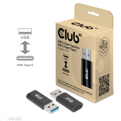 Adaptér Club3D USB 3.2 Gen1 typu A na USB 3.2 Gen1 typ C (M/F), čierna