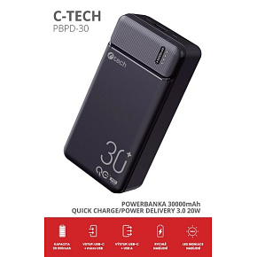 BAZAR - C-TECH Powerbanka 30000mAh, Li-Pol, 20W, USB-C/USB-A/micro USB, poškozený obal