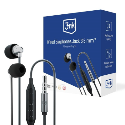 3mk sluchátka - Wired Earphones Jack 3,5 mm, černá