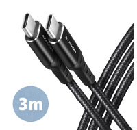 AXAGON BUCM-CM30AB, HQ kábel USB-C <-> USB-C, 3 m, USB 2.0, PD 60W 3A, ALU, opletenie, čierny