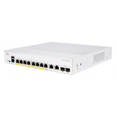 Prepínač Cisco CBS250-8FP-E-2G, 8xGbE RJ45, 2xRJ45/SFP combo, bez ventilátora, PoE+, 120W
