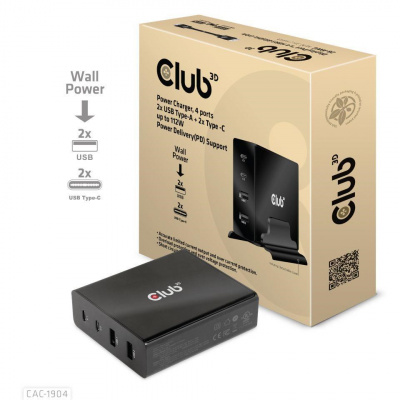Nabíjačka Club3D, 4 porty, 2x USB Type-A 2x Type-C až 112 W, podpora Power Delivery(PD)