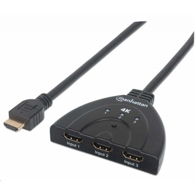 Manhattan HDMI Switch, 3-portový prepínač HDMI 4K, 4K@60Hz, napájaný z USB, čierny