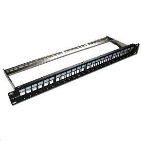 XtendLan Patch panel 19", 24 portů, neosazený, stíněný, černý, Cat5e/6/6A/7, odnimatelný  vyvazovák