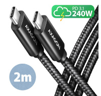 AXAGON BUCM2-CM20AB, CHARGE kábel USB-C <-> USB-C, 2m, Hi-Speed USB, PD 240W 5A, ALU, oplet, čierny