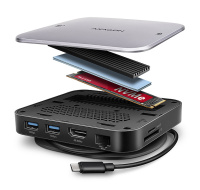 AXAGON HMC-UFO, USB 10Gbps hub, 2x USB-A, USB-C, HDMI 4k/60, RJ-45, M.2 slot, SD/mSD, audio, PD 100W, kábel USB-C 65cm