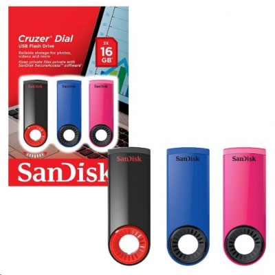SanDisk Flash Disk 16GB Cruzer Dial (3-pack, 3x 16GB) USB 2.0, modrá, ružová, čierna