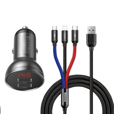 Baseus Digital Display set duálního adaptéru do automobilu 2* USB-A a opleteného kabelu 3v1 4,8A, černá