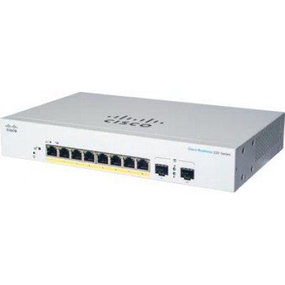 Prepínač Cisco CBS220-8P-E-2G, 8xGbE RJ45, 2xSFP, bez ventilátora, PoE+, 65W
