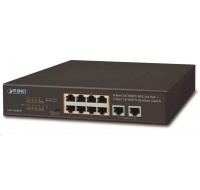 Planet FSD-1008HP Switch, PoE 8x PoE 802.3at 120W+ 2x 100Base-TX,VLAN,extend mód 10Mb/s do 250m, fanless