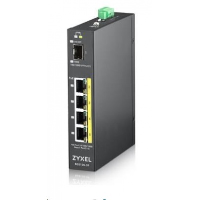 Zyxel RGS100-5P 5-portový gigabitový prepínač PoE, 4x GbE + 1x SFP, rozpočet PoE 120 W, montáž na DIN lištu/stenovú montáž, IP30
