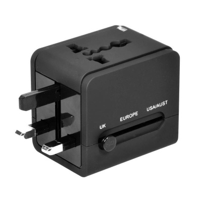 PORT univerzální cestovní adaptér,  2xUSB (2.1 + 1A), 100-240V AC, černá