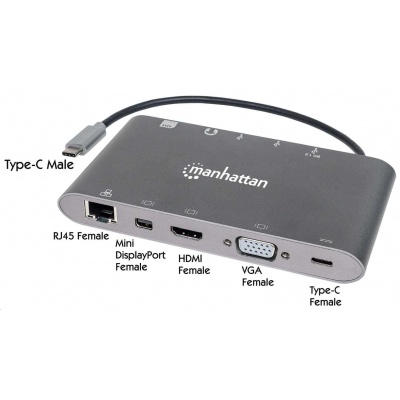 MANHATTAN Dokovacia stanica USB-C na HDMI, Mini DP, VGA, 3xUSB 3.0, port USB-C PD, RJ 45, čítačka kariet, 3,5 mm