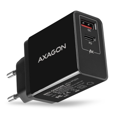 AXAGON ACU-PQ22, sieťová nabíjačka PD & QC 22 W, 2x port (USB-A + USB-C), PD3.0/QC3.0/AFC/FCP/Apple, čierna