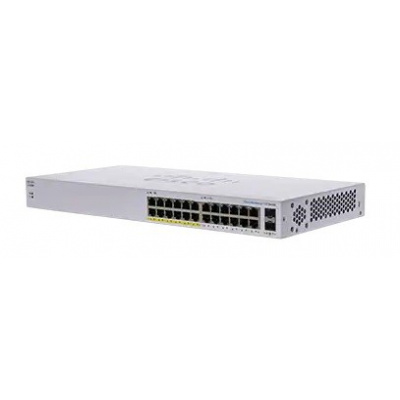 Prepínač Cisco CBS110-24PP, 24xGbE RJ45, 2xSFP (kombinácia s 2 GbE), bez ventilátora, PoE, 100W