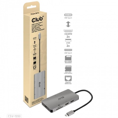 Dokovacia stanica Club3D 8v1 USB 3.2 porty typu C (2xHDMI, 2xUSB-A, RJ45, SD/ Micro SD USB Type-C female), Triple Dynamic