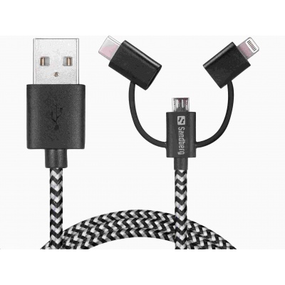 Sandberg datový kabel 3v1, konektory Lightning + micro USB + USB-C, délka 1m, černo-bílá