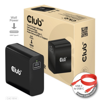 Club3D cestovní nabíječka USB-C 140W GaN Technologie, 1xUSB-C, podpora PD 3.1