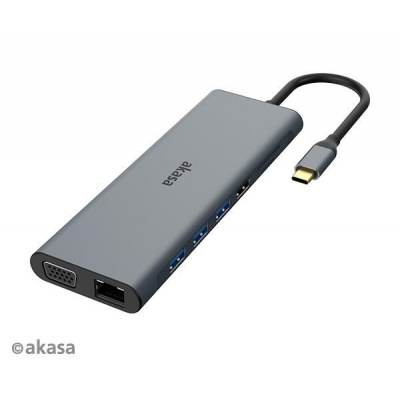 Dokovacia stanica AKASA USB-C 14v1, USB-C (napájanie+dáta), USB 2.0, 2xHDMI, VGA, RJ45, USB 3.2, čítačka kariet, 3,5 mm jack