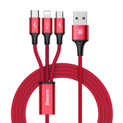 Baseus Rapid Series Nabíjací / dátový kábel 3v1 USB (Micro USB + Lightning + USB-C) 3A 1,2 m, červený
