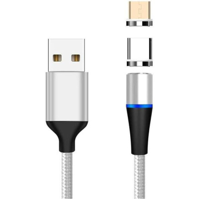 PremiumCord Magnetický micro USB a USB-C nabíjecí a datový kabel, 1m, stříbrná