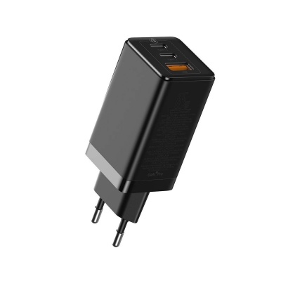 Baseus GaN rychlo nabíjecí EU adaptér USB-C + USB 65W + kabel USB-C do USB-C 100W 1m, černá