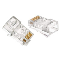 Konektor RJ45 nestíněný UTP CAT6 krimpovací pro kulaté kabely, balení 10ks  - RJ45 8P8C  8 pinů - Nestíněný konektor + vložka - Vhodné na lanko a drát Cat6 - 2 x prong - Prodejní balení 1 ks (větší balení po 100ks) - Material kontaktů: Phosphor bronze - Povrchová úprava kontaktů: Nickel, pozlacené kontakty 15 µ - Materiál konektoru: Polykarbonát, barva transparentní - Vhodné pro vodiče průměrů AWG (27/7 ... 24/7) - Teplotní rozsah: -40°C ... +70°C  Konektor má malou plastovou vložku s otvory na vodiče. Do vložky se nasunou jednotlivé vodiče a potom se vložka s vodiči nasune do těla konektoru a zakrimpuje kleštěmi.