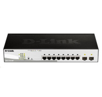 D-Link DGS-1210-08P 10-portový gigabitový inteligentný PoE switch, 8x GbE PoE+, 2x SFP, PoE 65W, bez ventilátora