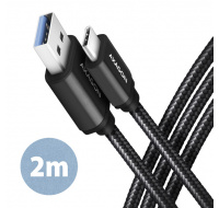 AXAGON BUCM3-AM20AB, SPEED kábel USB-C <->USB-A, 2 m, USB 3</->.2 Gen 1, 3A, ALU, opletenie, čierna